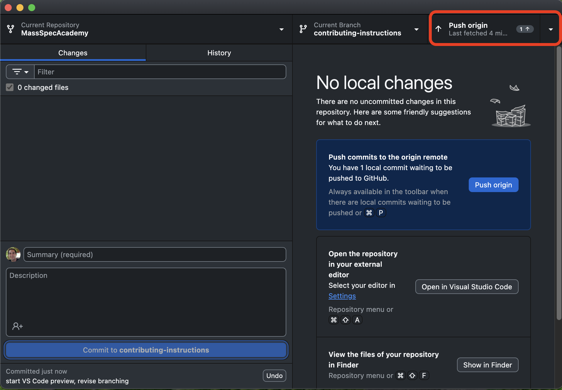 GitHub desktop screenshot of example commit message
